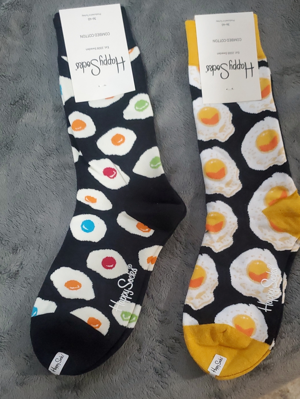 Happy Socks Black Crew Socks with Multicolor Fried Egg Print